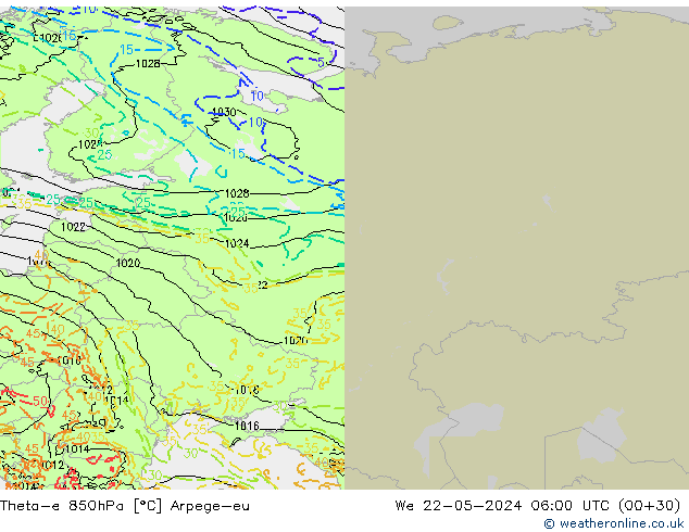 Theta-e 850hPa Arpege-eu mié 22.05.2024 06 UTC