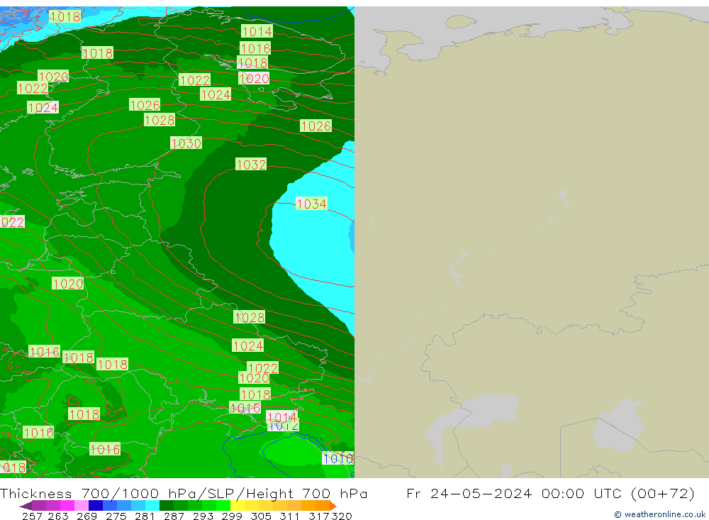 Thck 700-1000 hPa Arpege-eu  24.05.2024 00 UTC