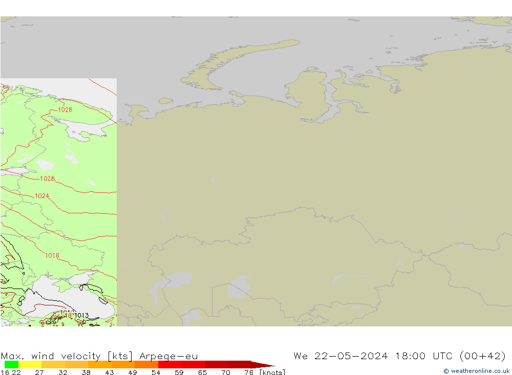 Max. wind snelheid Arpege-eu wo 22.05.2024 18 UTC