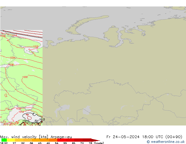 Max. wind velocity Arpege-eu Fr 24.05.2024 18 UTC