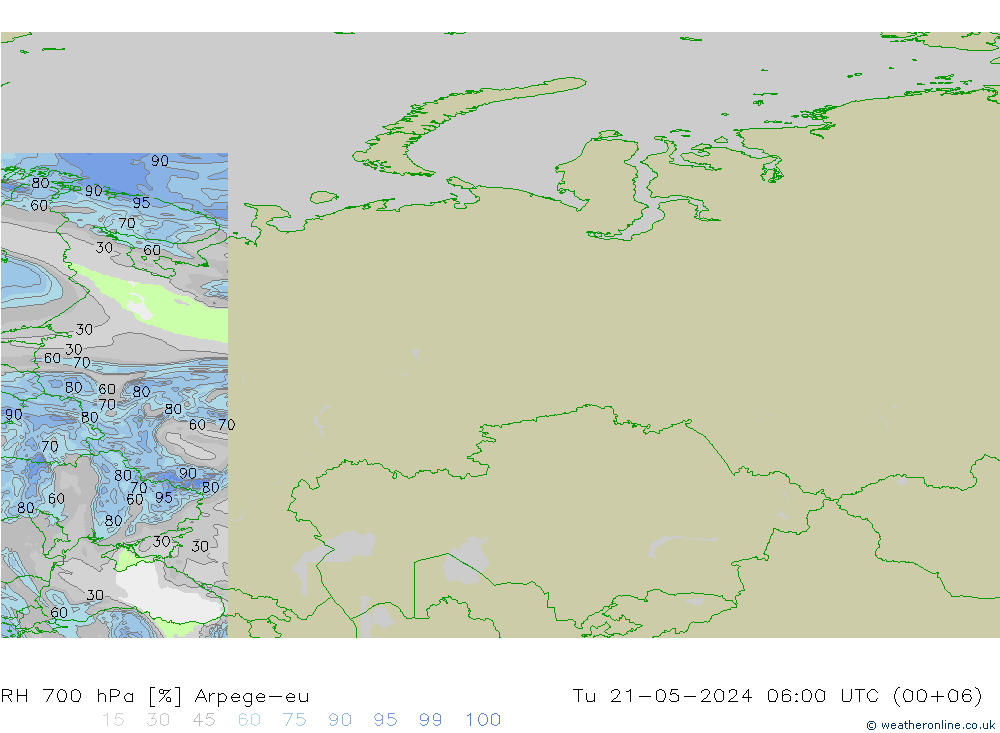 RH 700 hPa Arpege-eu Út 21.05.2024 06 UTC