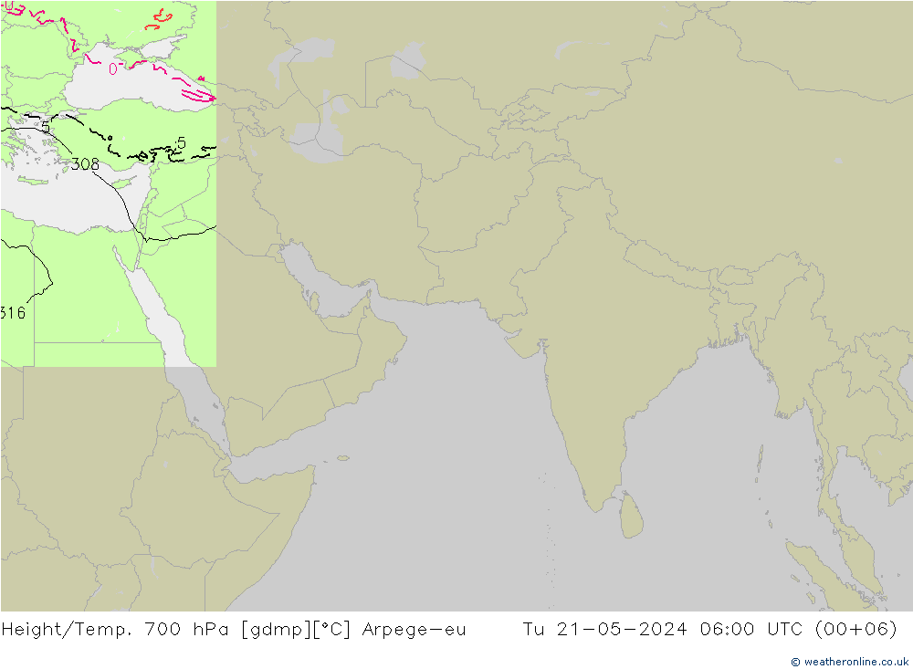 Height/Temp. 700 hPa Arpege-eu 星期二 21.05.2024 06 UTC