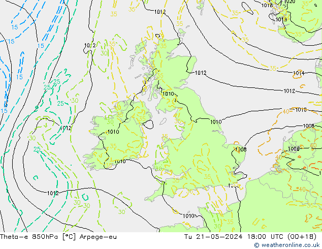 Theta-e 850hPa Arpege-eu Út 21.05.2024 18 UTC
