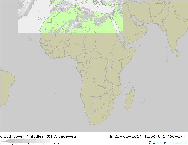 Cloud cover (middle) Arpege-eu Th 23.05.2024 15 UTC