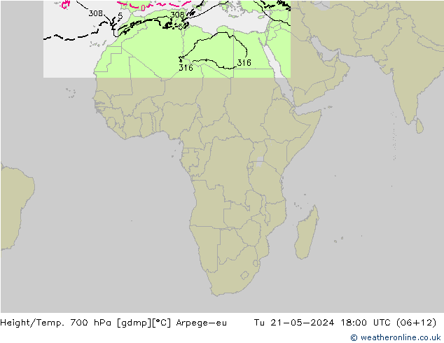 Height/Temp. 700 hPa Arpege-eu Tu 21.05.2024 18 UTC