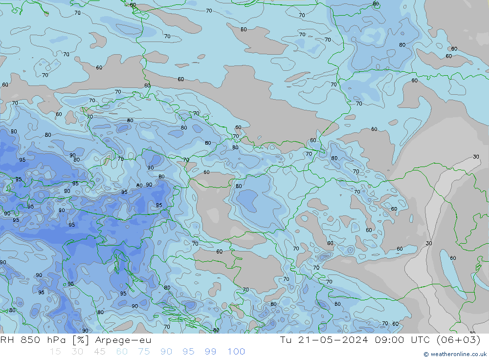 RH 850 гПа Arpege-eu вт 21.05.2024 09 UTC