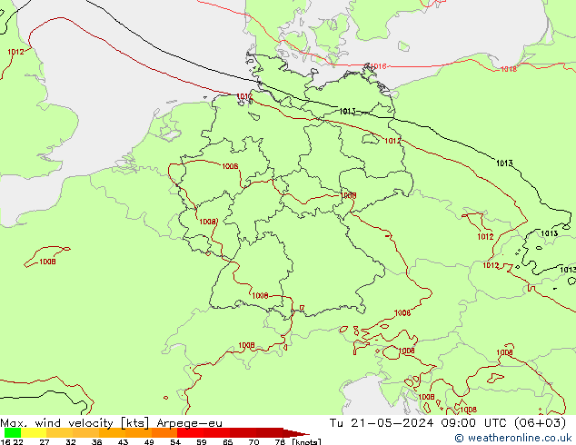 Max. wind velocity Arpege-eu вт 21.05.2024 09 UTC