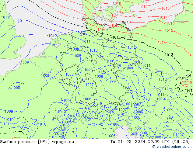 Surface pressure Arpege-eu Tu 21.05.2024 09 UTC