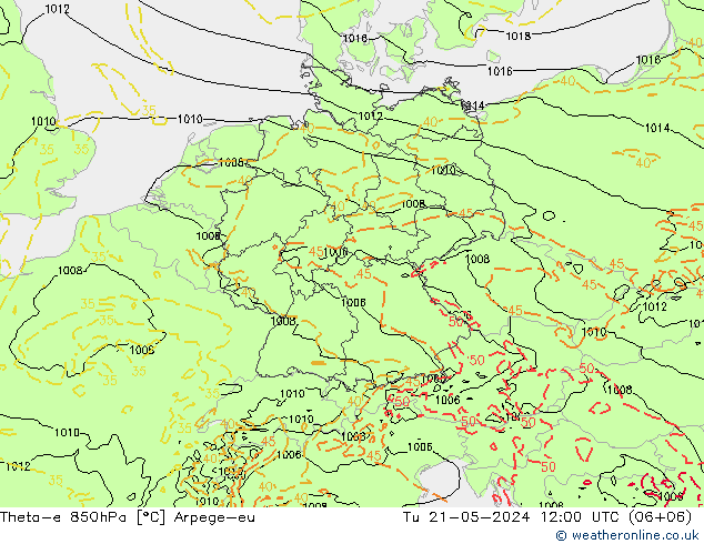 Theta-e 850гПа Arpege-eu вт 21.05.2024 12 UTC
