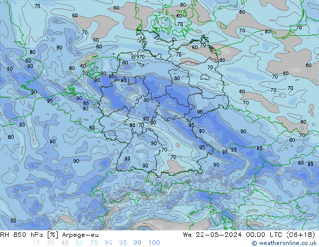 RH 850 hPa Arpege-eu śro. 22.05.2024 00 UTC