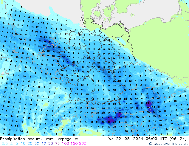 Totale neerslag Arpege-eu wo 22.05.2024 06 UTC