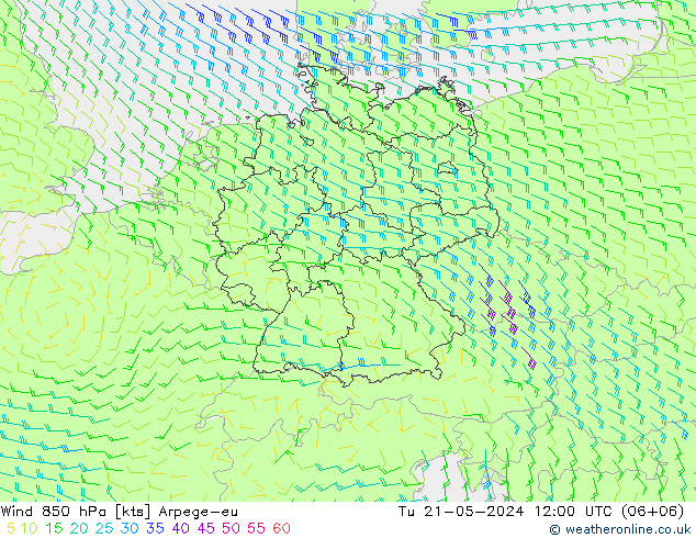 Wind 850 hPa Arpege-eu Tu 21.05.2024 12 UTC