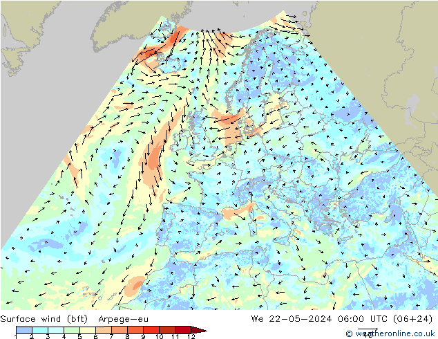 wiatr 10 m (bft) Arpege-eu śro. 22.05.2024 06 UTC