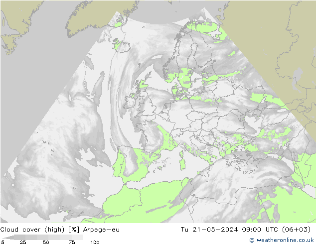 Cloud cover (high) Arpege-eu Tu 21.05.2024 09 UTC