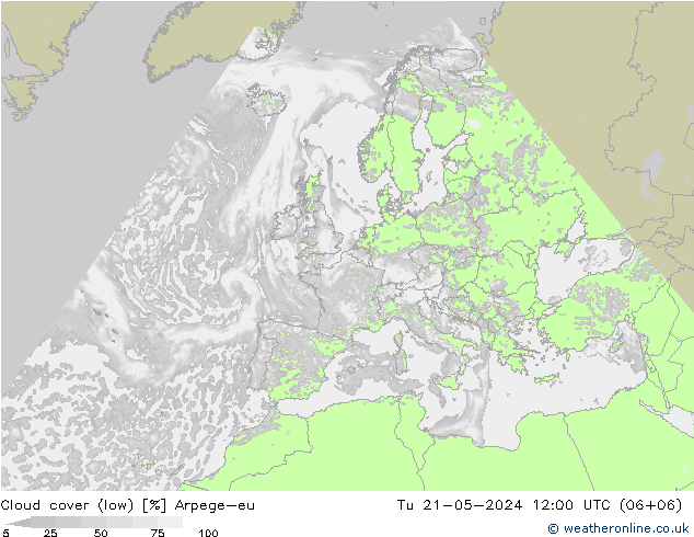 Cloud cover (low) Arpege-eu Tu 21.05.2024 12 UTC