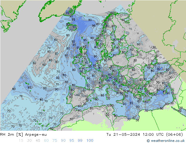 Humidité rel. 2m Arpege-eu mar 21.05.2024 12 UTC