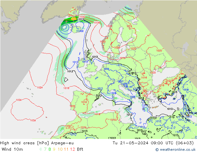 High wind areas Arpege-eu Tu 21.05.2024 09 UTC