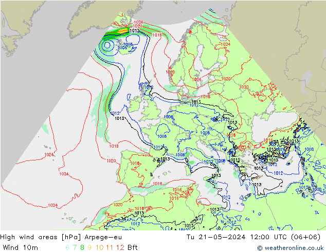 High wind areas Arpege-eu Tu 21.05.2024 12 UTC