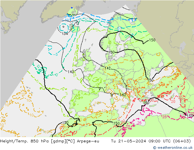 Hoogte/Temp. 850 hPa Arpege-eu di 21.05.2024 09 UTC