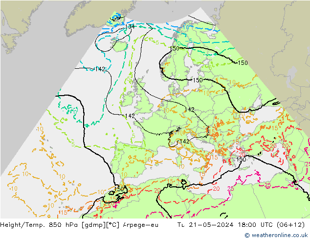 Height/Temp. 850 hPa Arpege-eu Tu 21.05.2024 18 UTC
