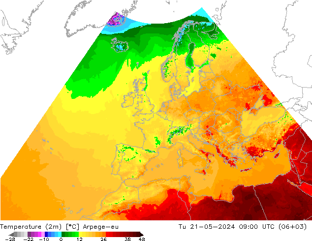 température (2m) Arpege-eu mar 21.05.2024 09 UTC