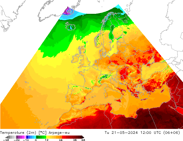 Temperaturkarte (2m) Arpege-eu Di 21.05.2024 12 UTC