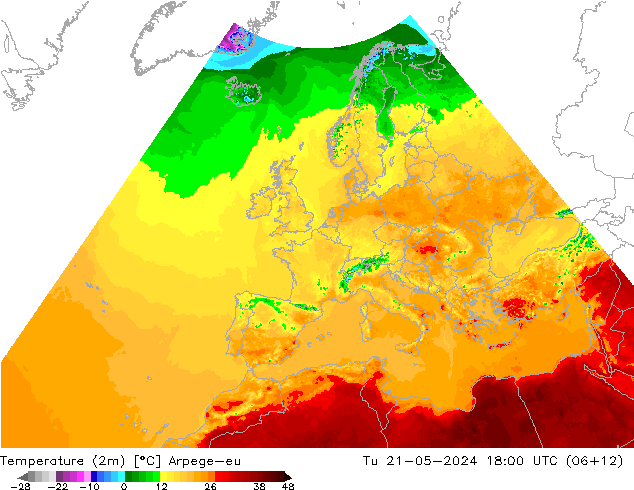mapa temperatury (2m) Arpege-eu wto. 21.05.2024 18 UTC