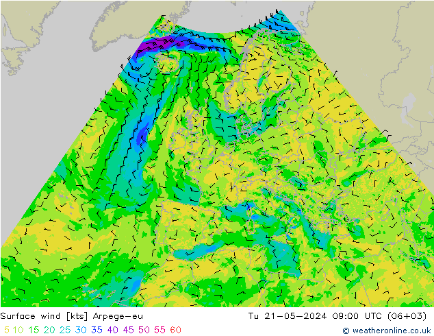 Surface wind Arpege-eu Út 21.05.2024 09 UTC