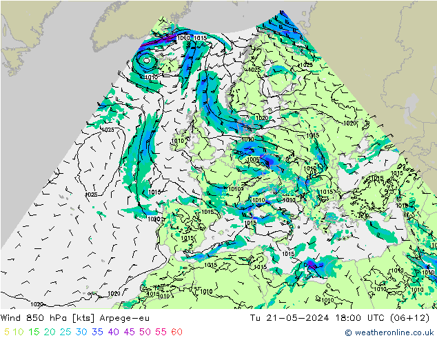 Wind 850 hPa Arpege-eu Di 21.05.2024 18 UTC