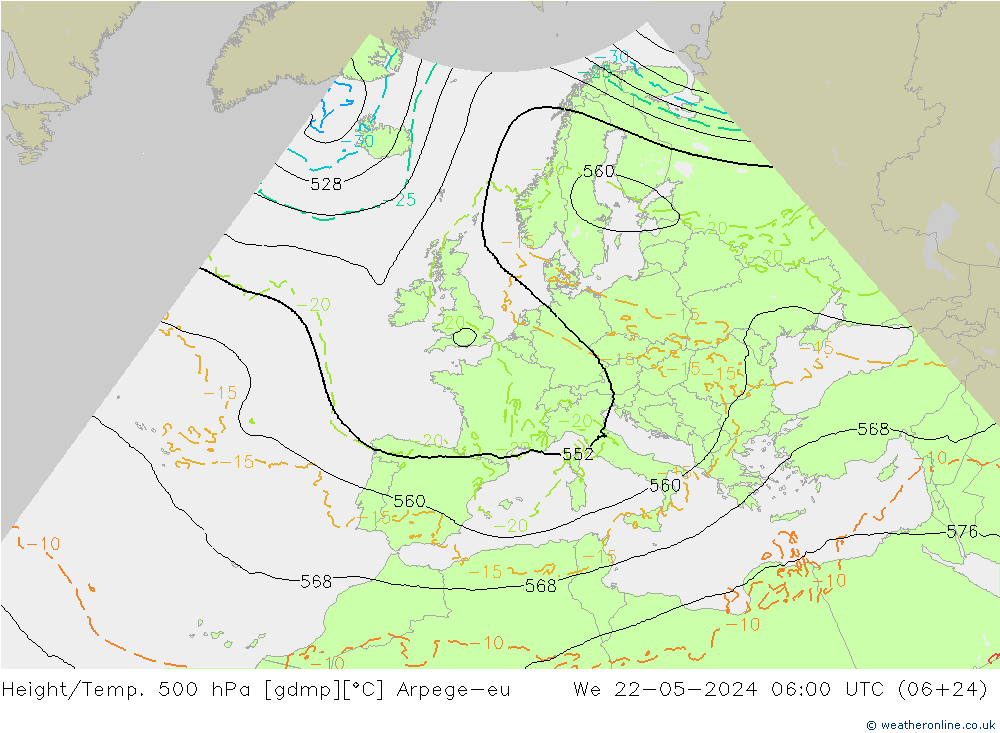 Height/Temp. 500 hPa Arpege-eu Qua 22.05.2024 06 UTC