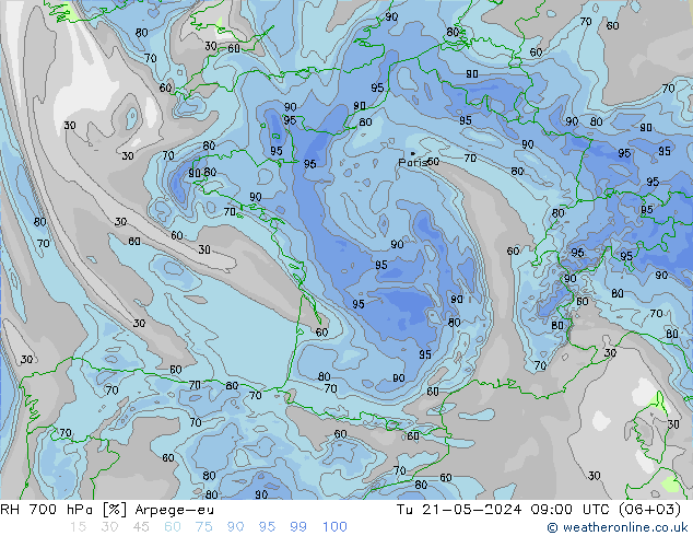 RH 700 hPa Arpege-eu mar 21.05.2024 09 UTC