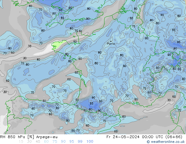 RH 850 hPa Arpege-eu Fr 24.05.2024 00 UTC