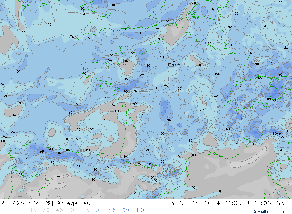 RH 925 гПа Arpege-eu чт 23.05.2024 21 UTC