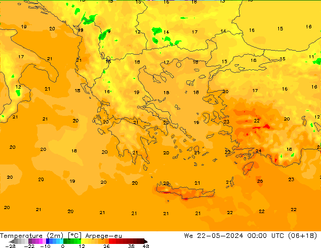 Sıcaklık Haritası (2m) Arpege-eu Çar 22.05.2024 00 UTC
