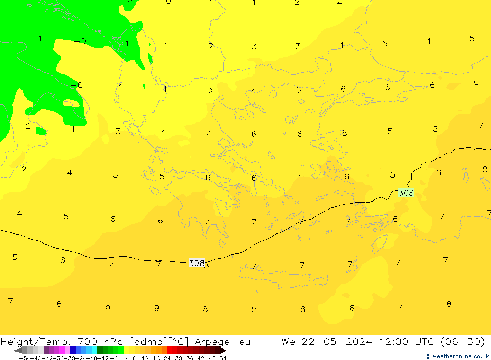 Height/Temp. 700 hPa Arpege-eu  22.05.2024 12 UTC