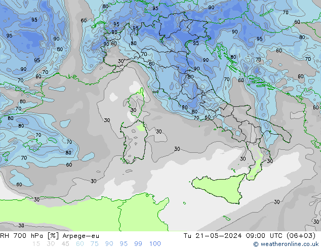 Humidité rel. 700 hPa Arpege-eu mar 21.05.2024 09 UTC