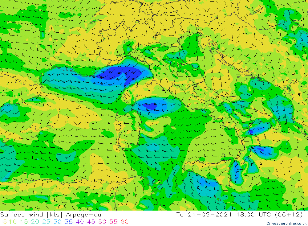Surface wind Arpege-eu Út 21.05.2024 18 UTC