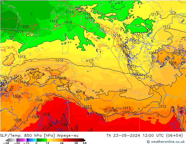 SLP/Temp. 850 hPa Arpege-eu  23.05.2024 12 UTC