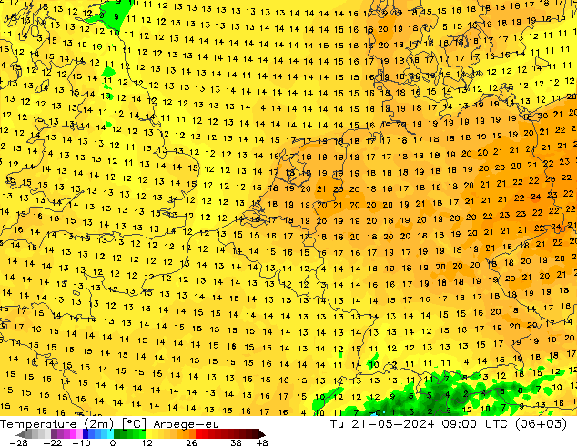 température (2m) Arpege-eu mar 21.05.2024 09 UTC