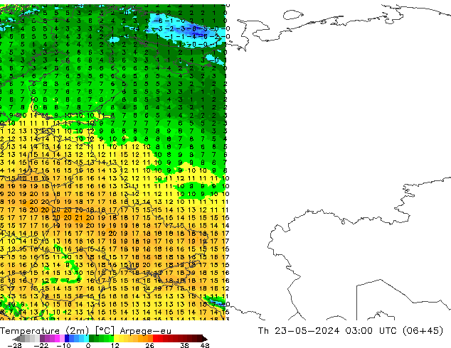 mapa temperatury (2m) Arpege-eu czw. 23.05.2024 03 UTC