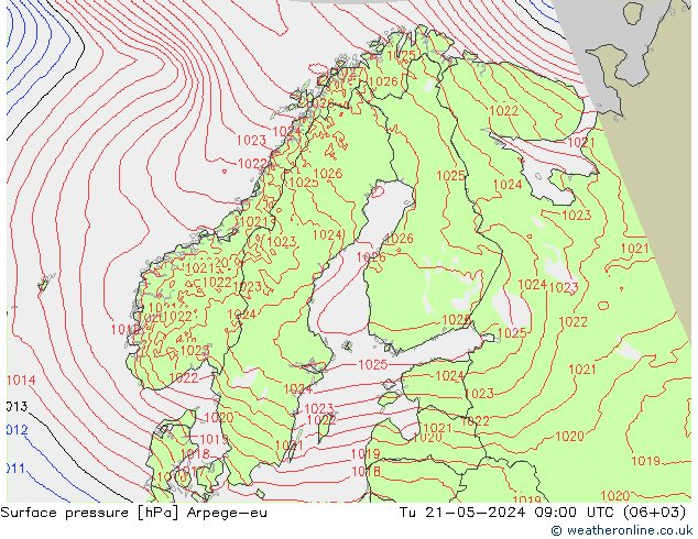 地面气压 Arpege-eu 星期二 21.05.2024 09 UTC