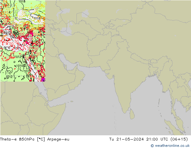 Theta-e 850hPa Arpege-eu Tu 21.05.2024 21 UTC