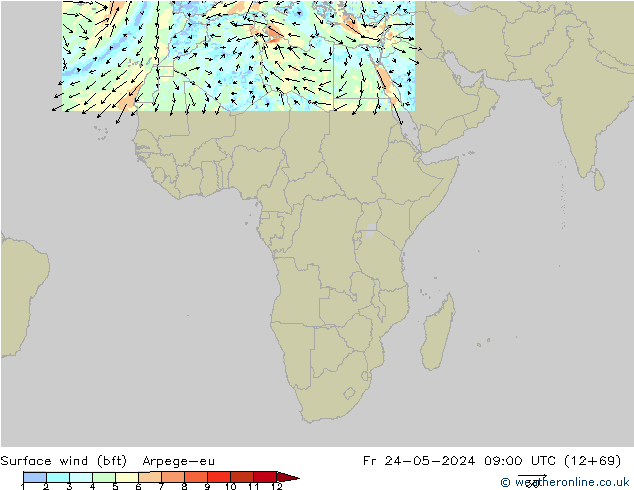 Surface wind (bft) Arpege-eu Pá 24.05.2024 09 UTC