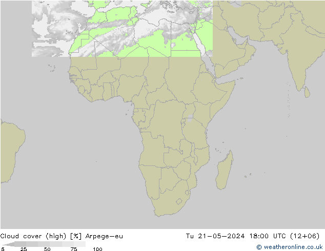 Cloud cover (high) Arpege-eu Tu 21.05.2024 18 UTC