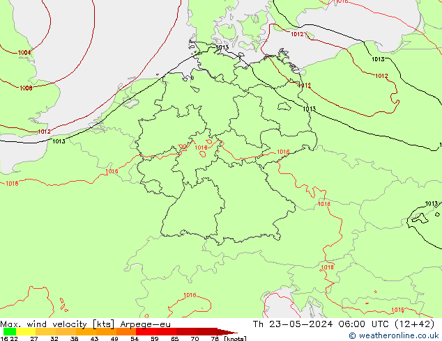 Max. wind velocity Arpege-eu gio 23.05.2024 06 UTC