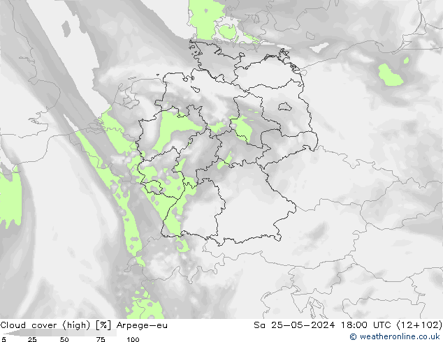 Cloud cover (high) Arpege-eu Sa 25.05.2024 18 UTC