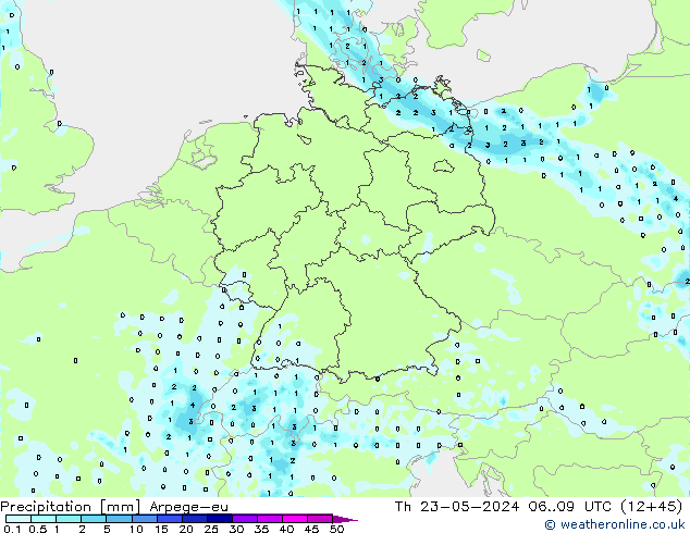 Precipitazione Arpege-eu gio 23.05.2024 09 UTC