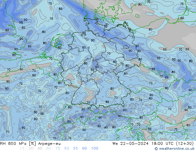 RH 850 hPa Arpege-eu mer 22.05.2024 18 UTC