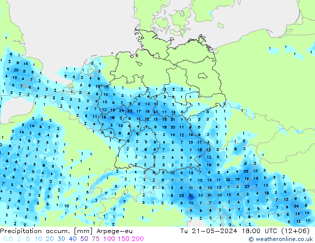 Precipitation accum. Arpege-eu Tu 21.05.2024 18 UTC