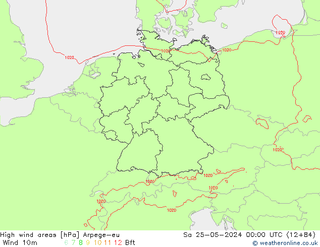 High wind areas Arpege-eu sam 25.05.2024 00 UTC